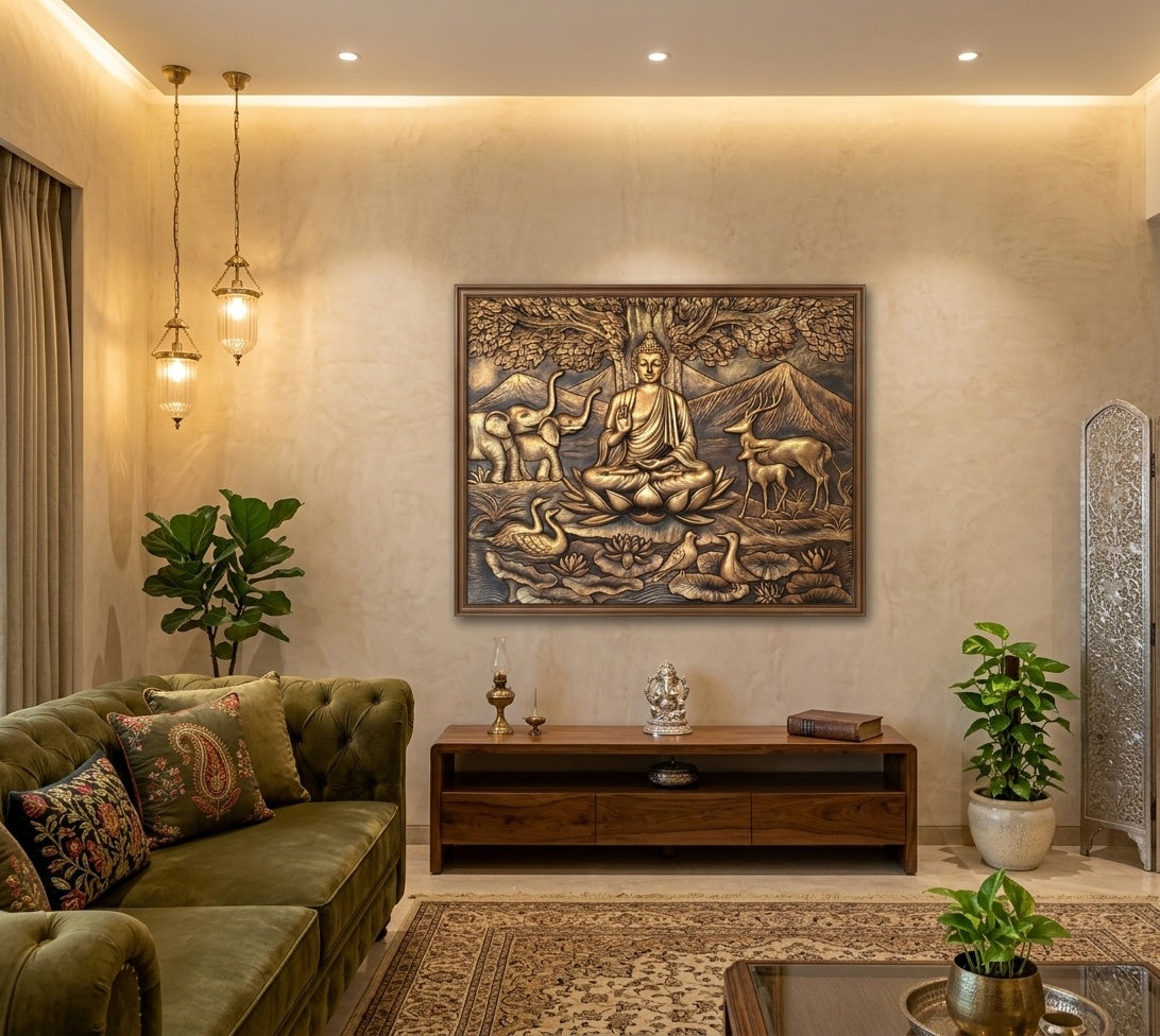 Blessing Buddha under Bodhi Tree with Animals 3D Relief Mural Wall Art - Room Mockup 1