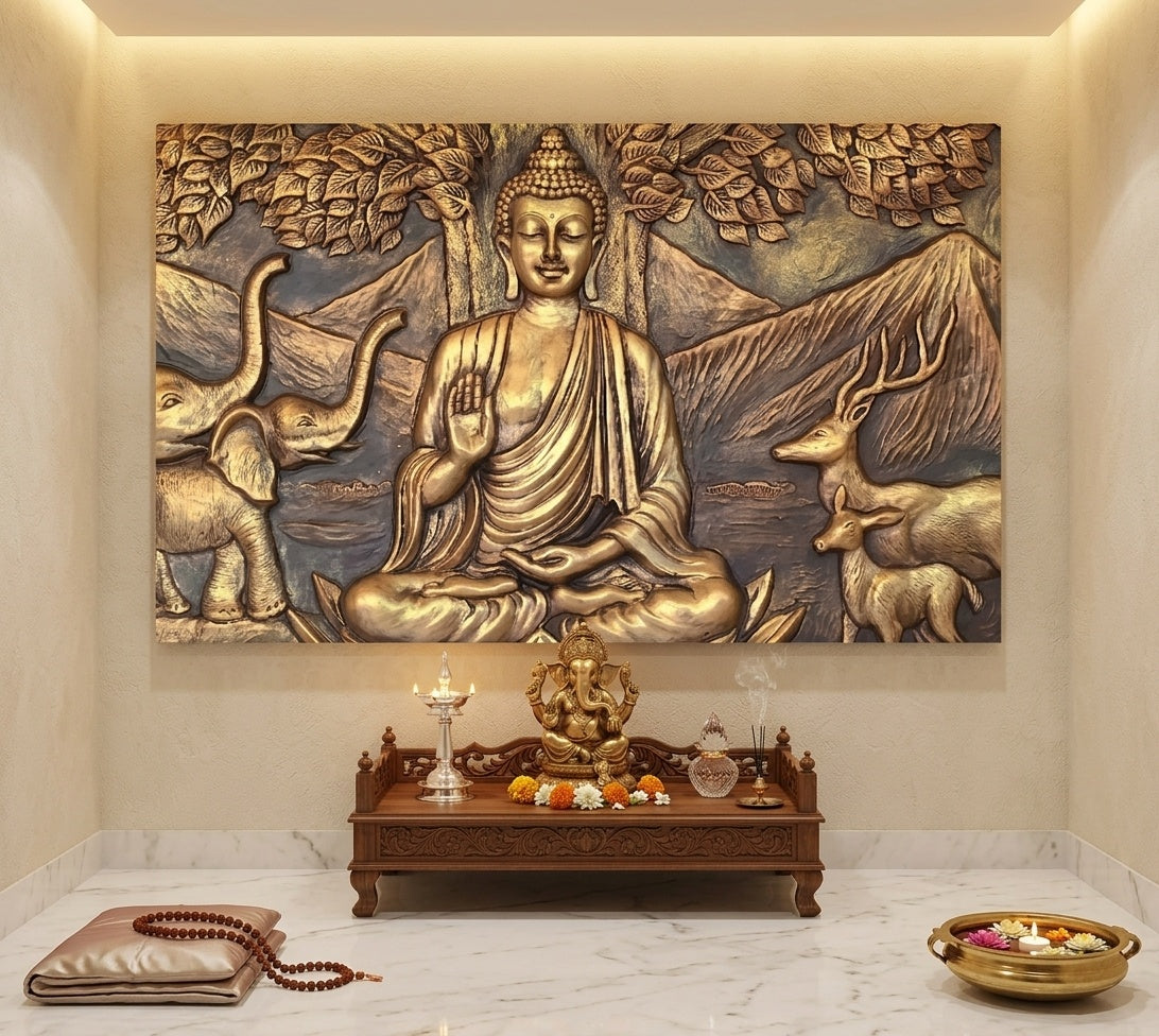 Blessing Buddha under Bodhi Tree with Animals 3D Relief Mural Wall Art - Room Mockup 2