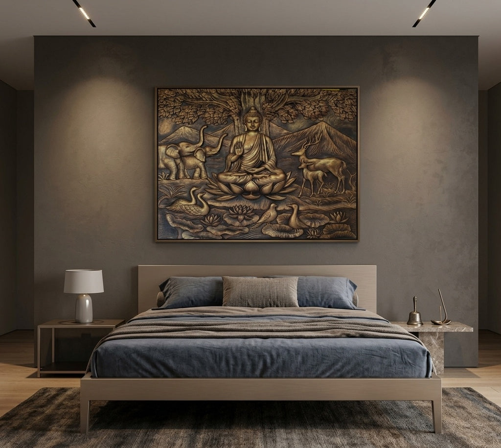 Blessing Buddha under Bodhi Tree with Animals 3D Relief Mural Wall Art - Room Mockup 3