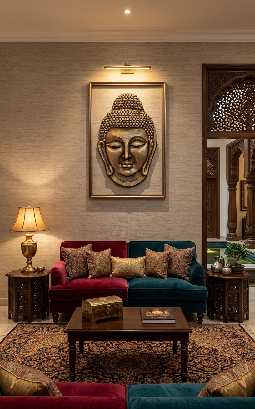 Golden Meditative Buddha Face 3D Relief Wall Sculpture - Room Mockup 1