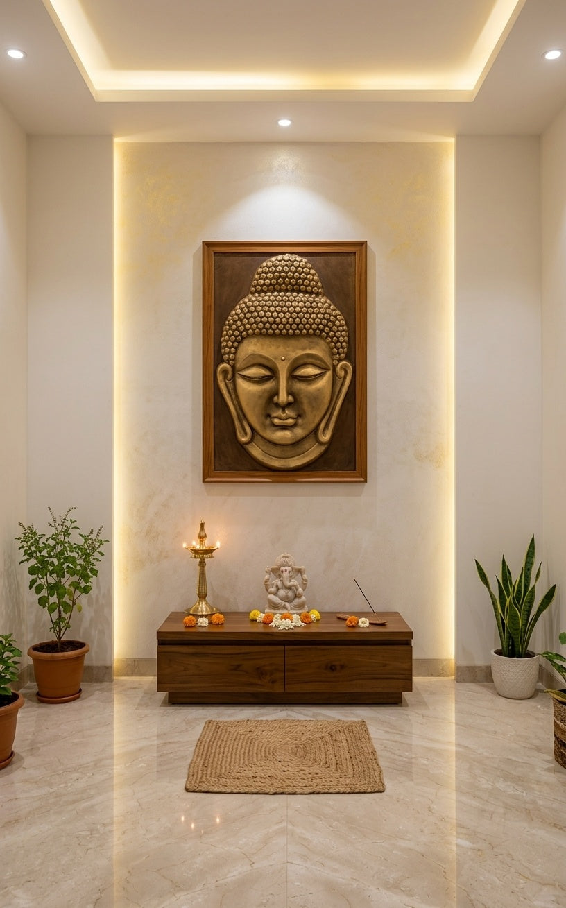 Golden Meditative Buddha Face 3D Relief Wall Sculpture - Room Mockup 2