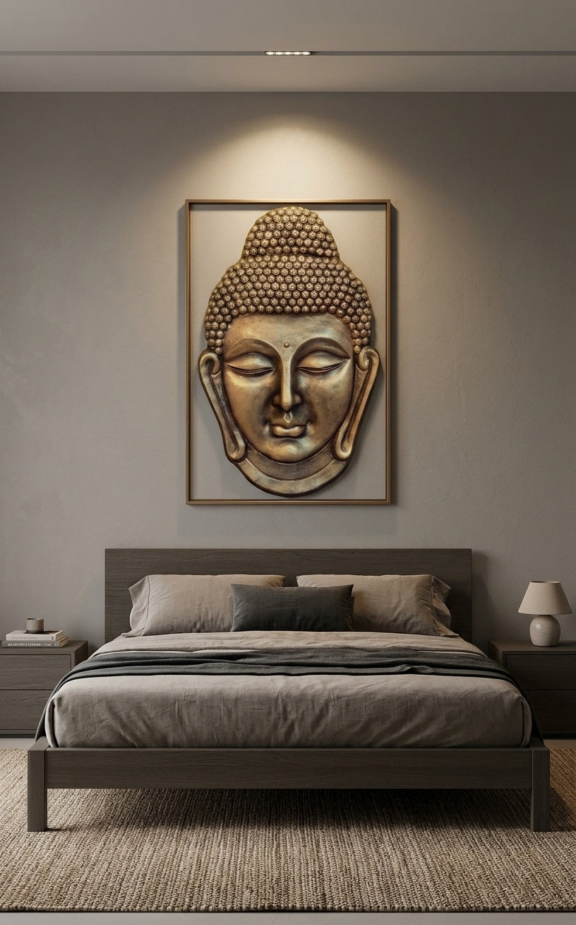 Golden Meditative Buddha Face 3D Relief Wall Sculpture - Room Mockup 3