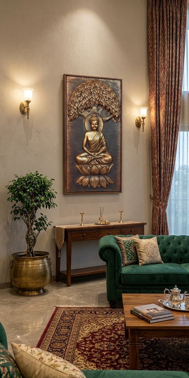 Meditating Buddha Under Bodhi Tree 3D Relief Wall Art Panel - Room Mockup 1