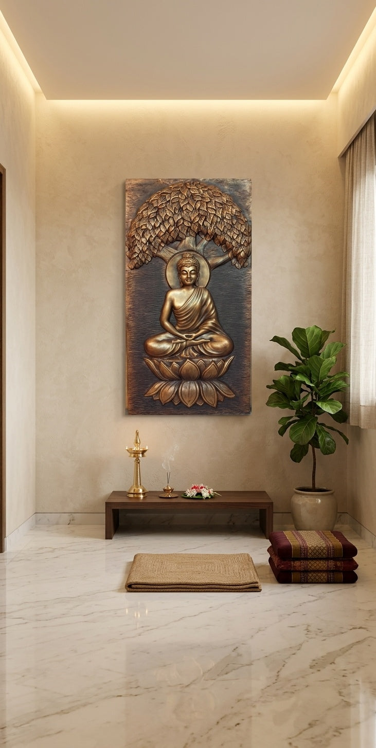 Meditating Buddha Under Bodhi Tree 3D Relief Wall Art Panel - Room Mockup 2