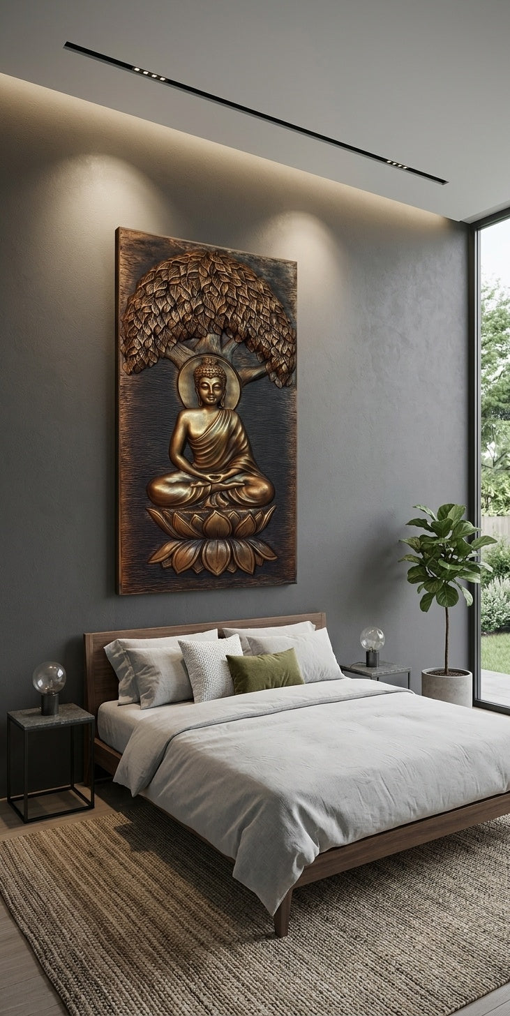 Meditating Buddha Under Bodhi Tree 3D Relief Wall Art Panel - Room Mockup 3