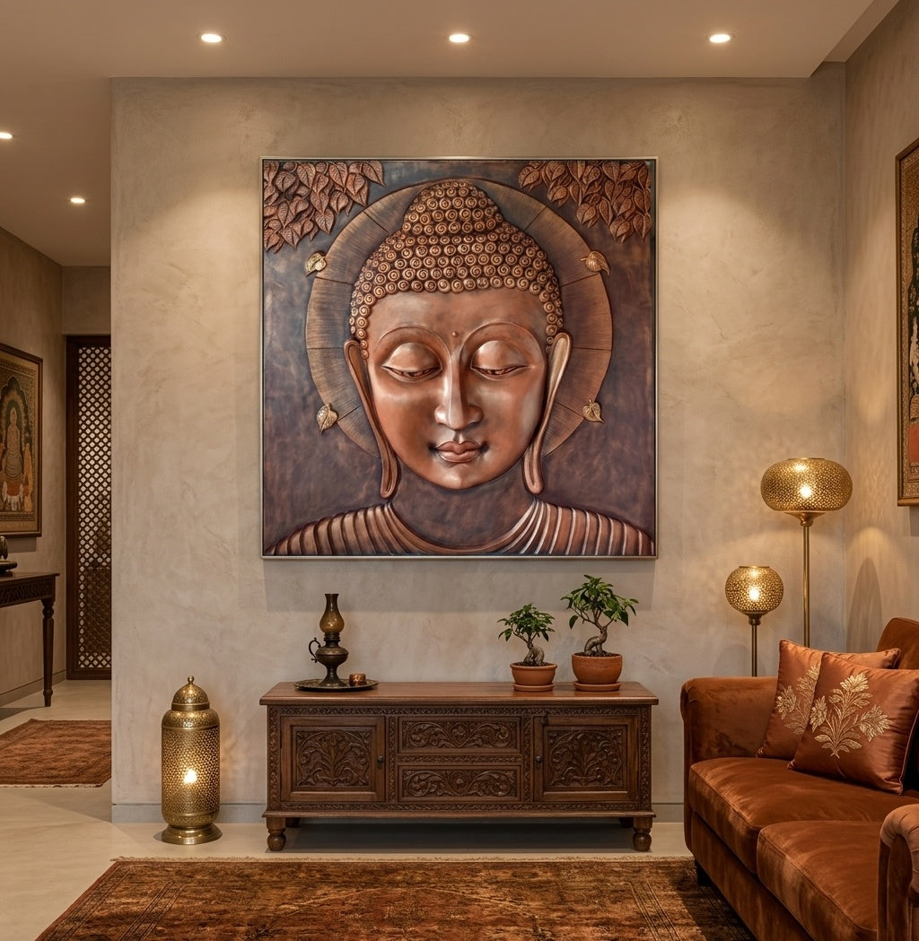 Serene Buddha Face 3D Relief Wall Art Mural - Room Mockup 1