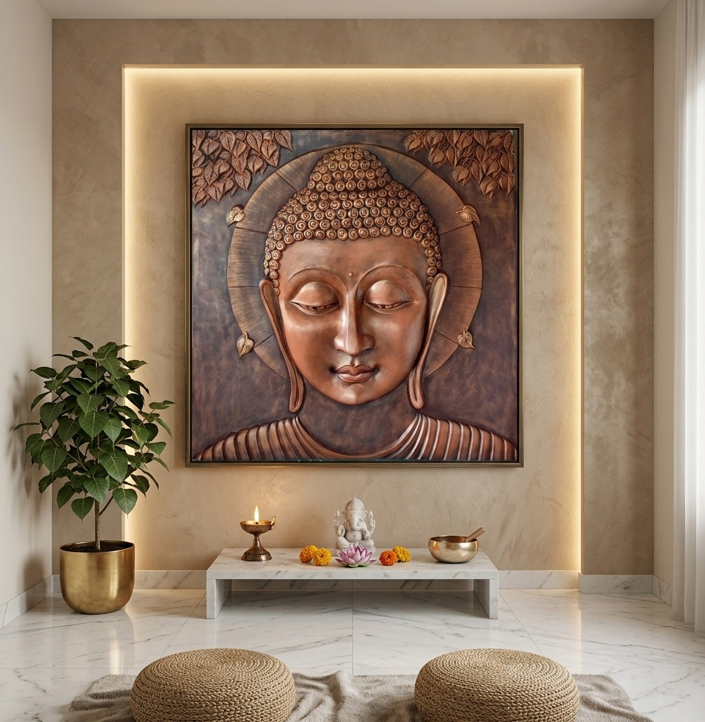 Serene Buddha Face 3D Relief Wall Art Mural - Room Mockup 2