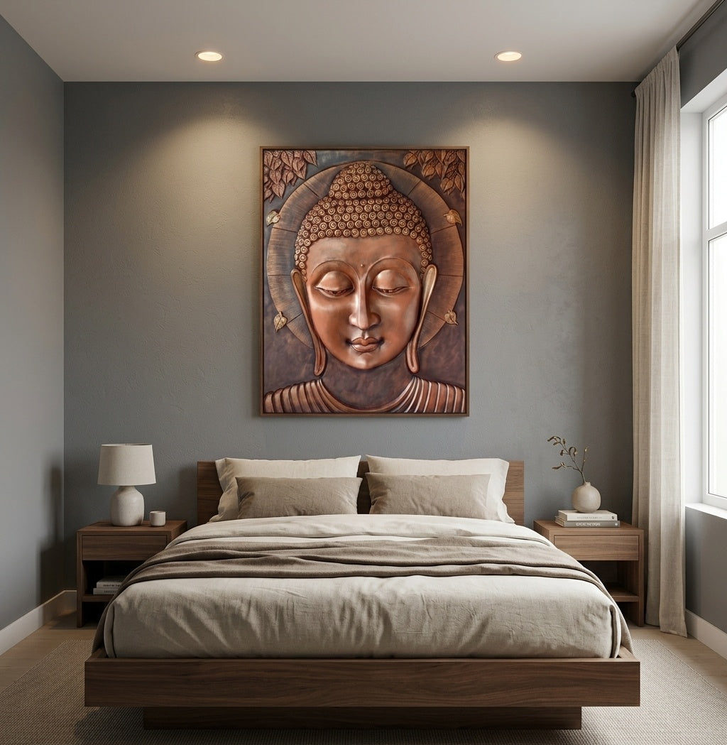 Serene Buddha Face 3D Relief Wall Art Mural - Room Mockup 3