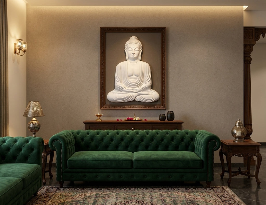 Meditating Buddha 3D Relief Sculpture Wall Art - Room Mockup 1