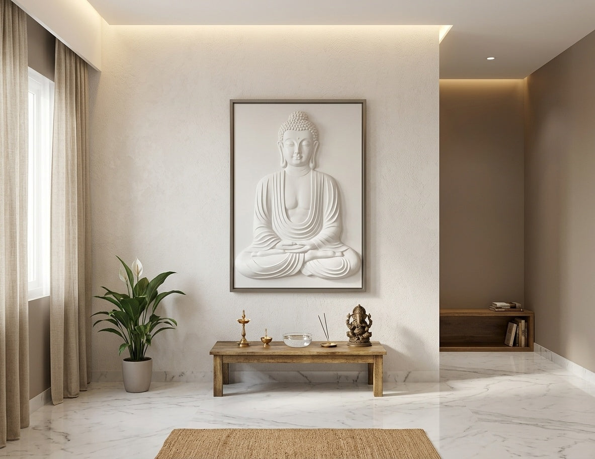 Meditating Buddha 3D Relief Sculpture Wall Art - Room Mockup 2