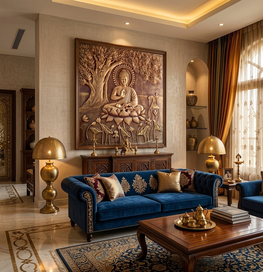 Blessing Buddha under Bodhi Tree 3D Relief Sculpture Panel - Room Mockup 1