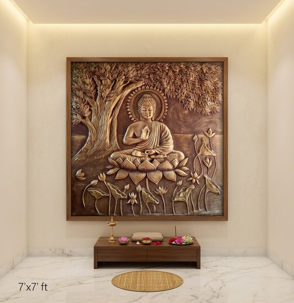 Blessing Buddha under Bodhi Tree 3D Relief Sculpture Panel - Room Mockup 2