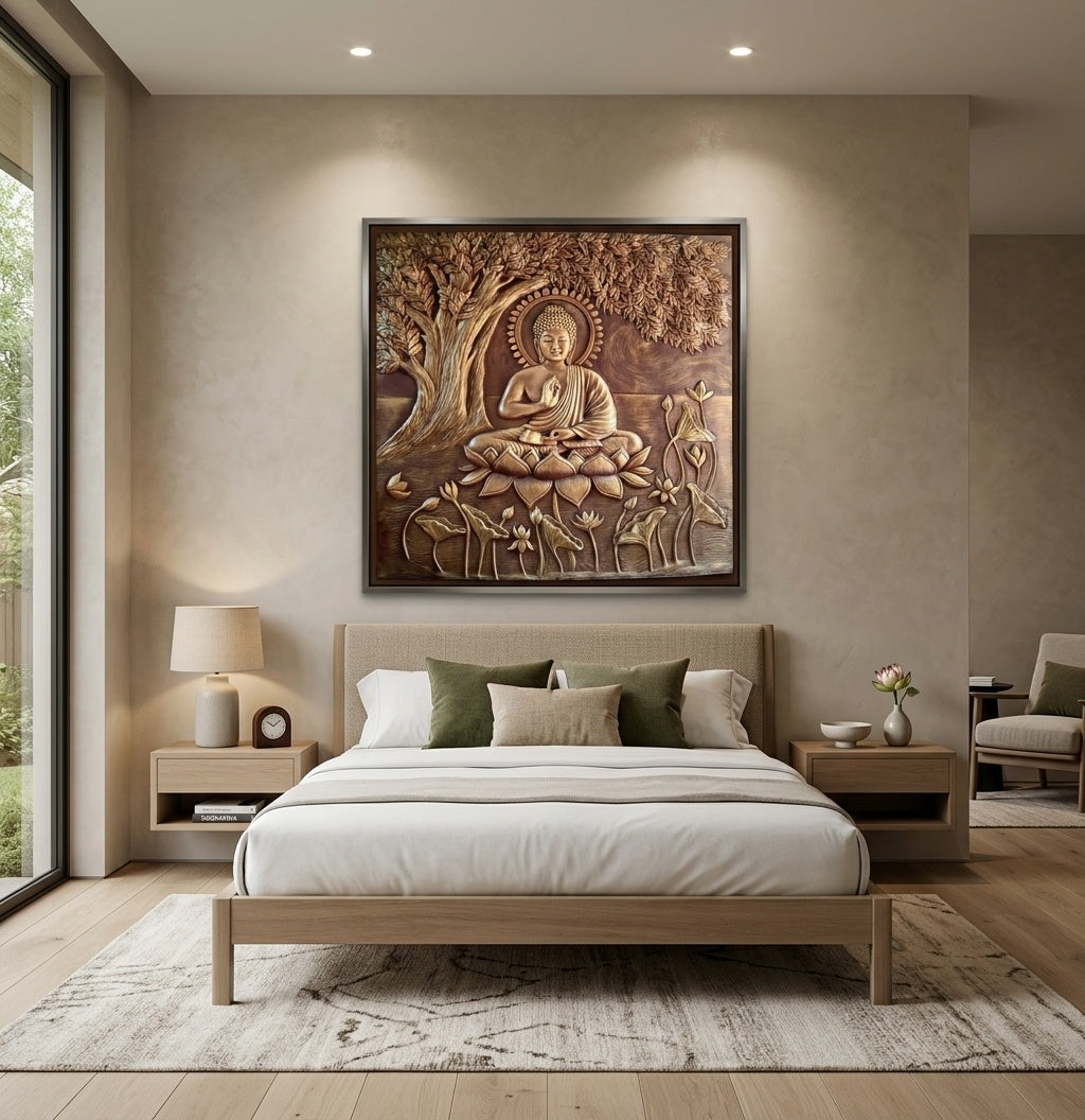 Blessing Buddha under Bodhi Tree 3D Relief Sculpture Panel - Room Mockup 3