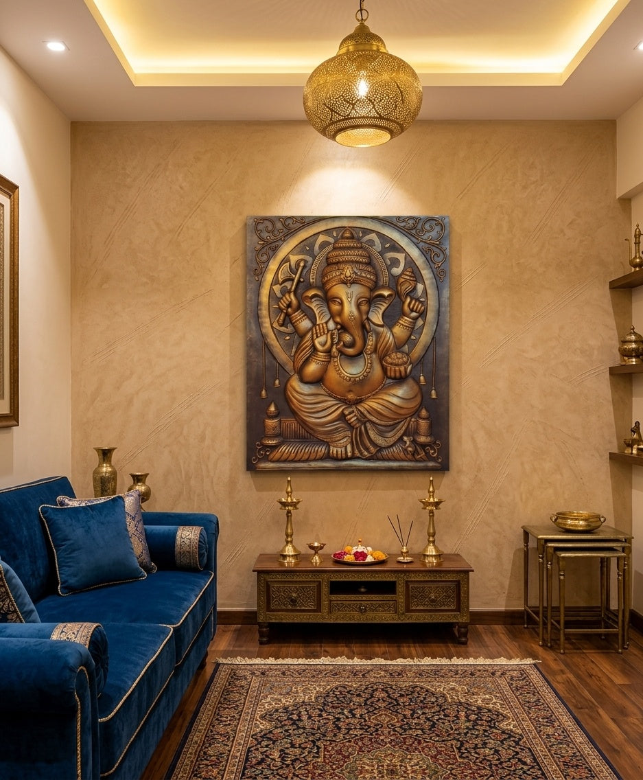 Divine Lord Ganesha 3D Relief Mural Wall Art - Room Mockup 1