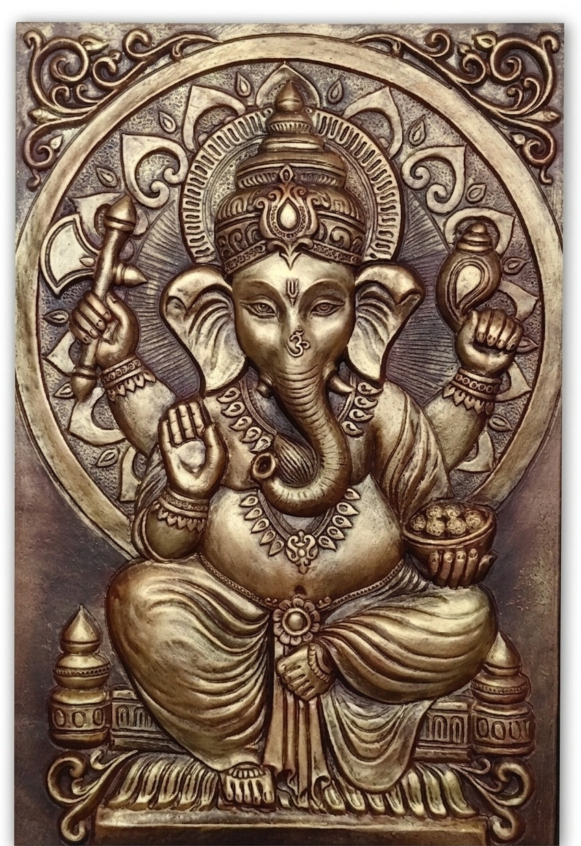 Antique Gold Lord Ganesha 3D Relief Wall Art Panel - Studio Detail