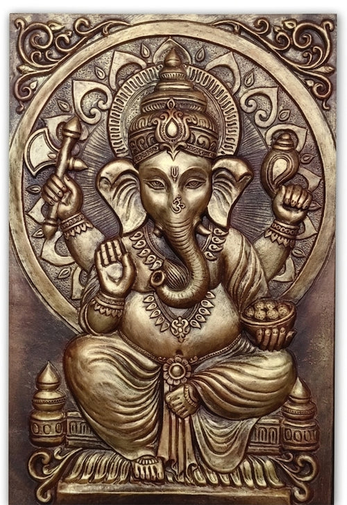 Antique Gold Lord Ganesha 3D Relief Wall Art Panel - Studio Detail