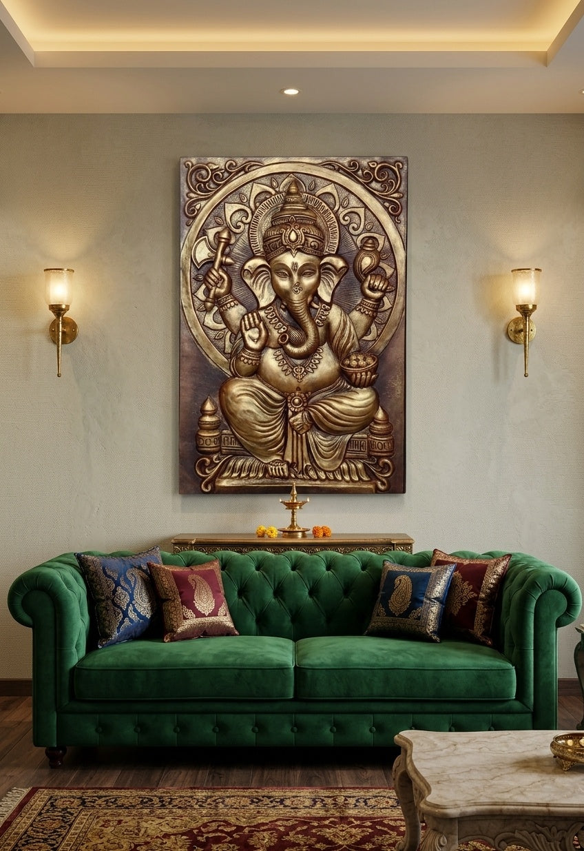 Antique Gold Lord Ganesha 3D Relief Wall Art Panel - Room Mockup 1