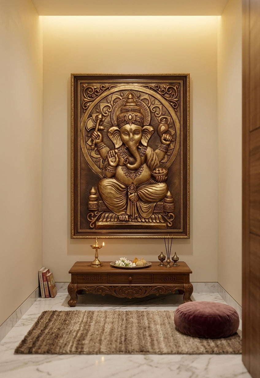 Antique Gold Lord Ganesha 3D Relief Wall Art Panel - Room Mockup 2