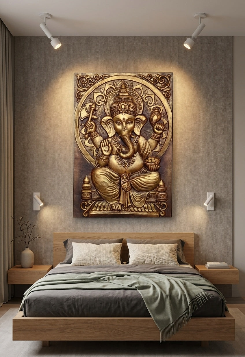 Antique Gold Lord Ganesha 3D Relief Wall Art Panel - Room Mockup 3