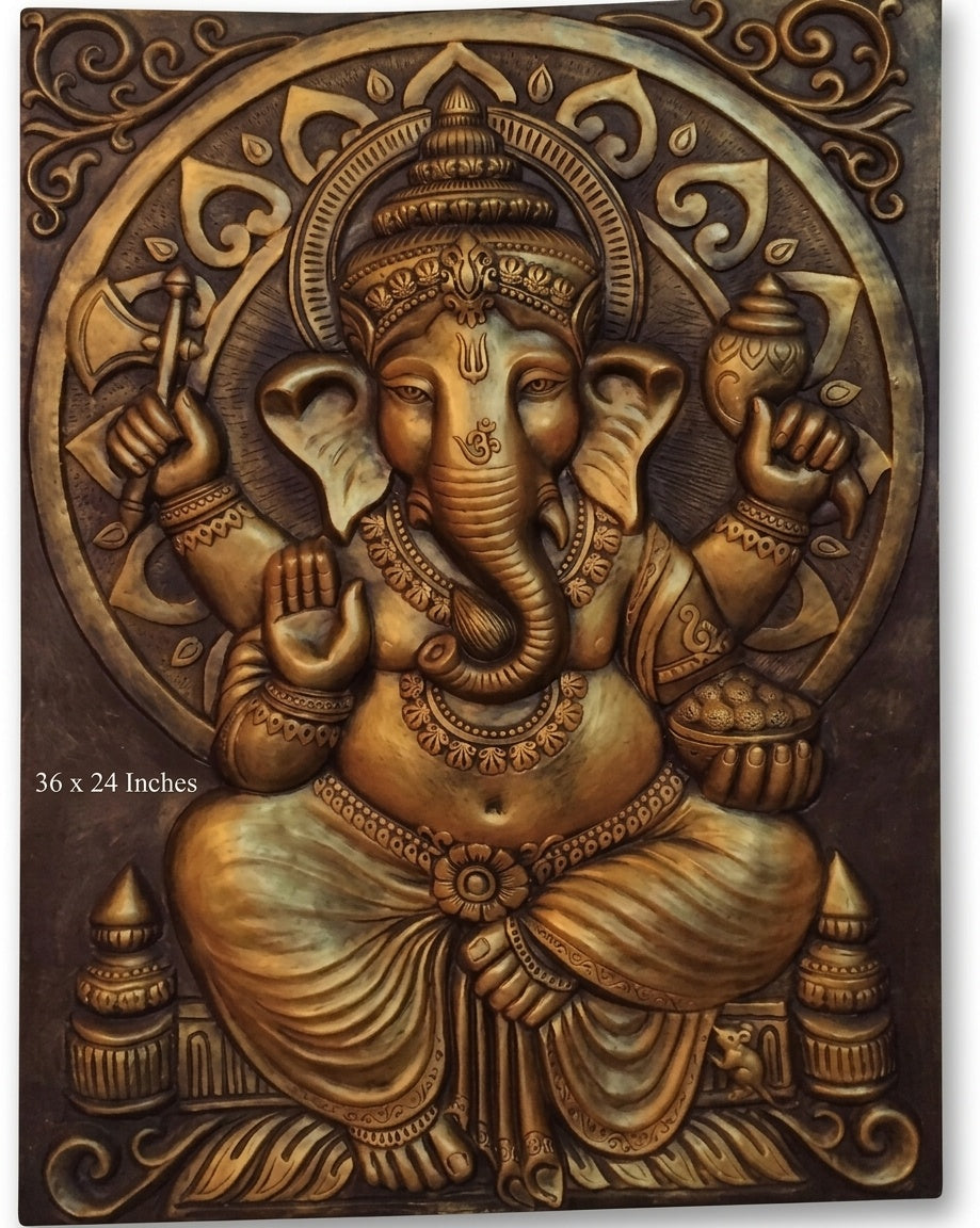 Divine Lord Ganesha 3D Relief Sculpture Wall Art Panel (Antique Bronze Finish) - Studio Detail