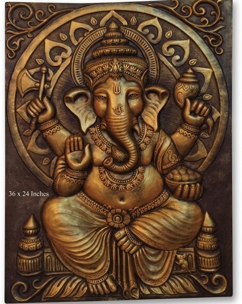 Divine Lord Ganesha 3D Relief Sculpture Wall Art Panel (Antique Bronze Finish) - Studio Detail