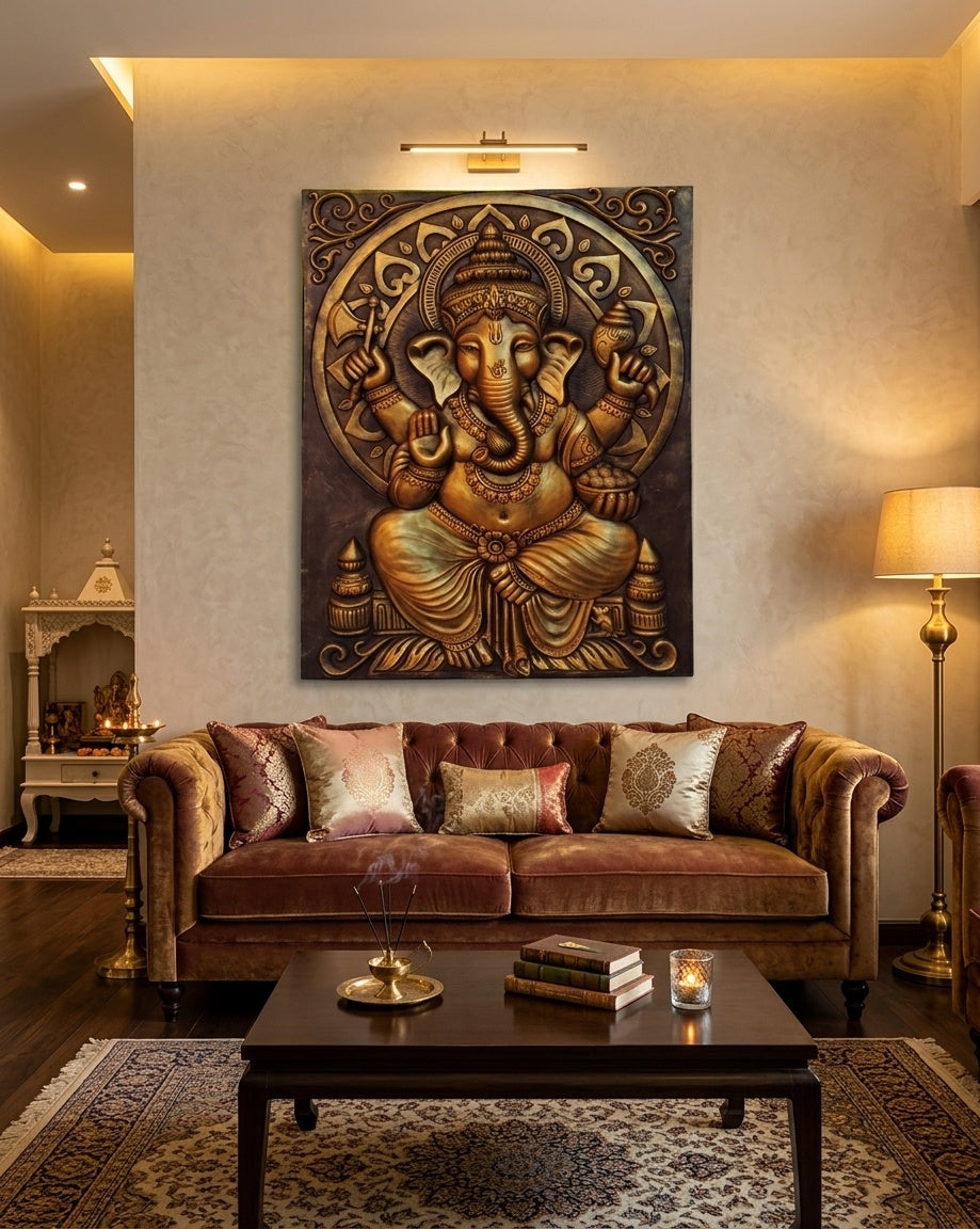 Divine Lord Ganesha 3D Relief Sculpture Wall Art Panel (Antique Bronze Finish) - Room Mockup 1