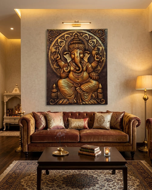 Divine Lord Ganesha 3D Relief Sculpture Wall Art Panel (Antique Bronze Finish) - Room Mockup 1