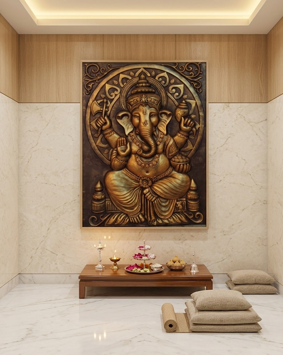 Divine Lord Ganesha 3D Relief Sculpture Wall Art Panel (Antique Bronze Finish) - Room Mockup 2