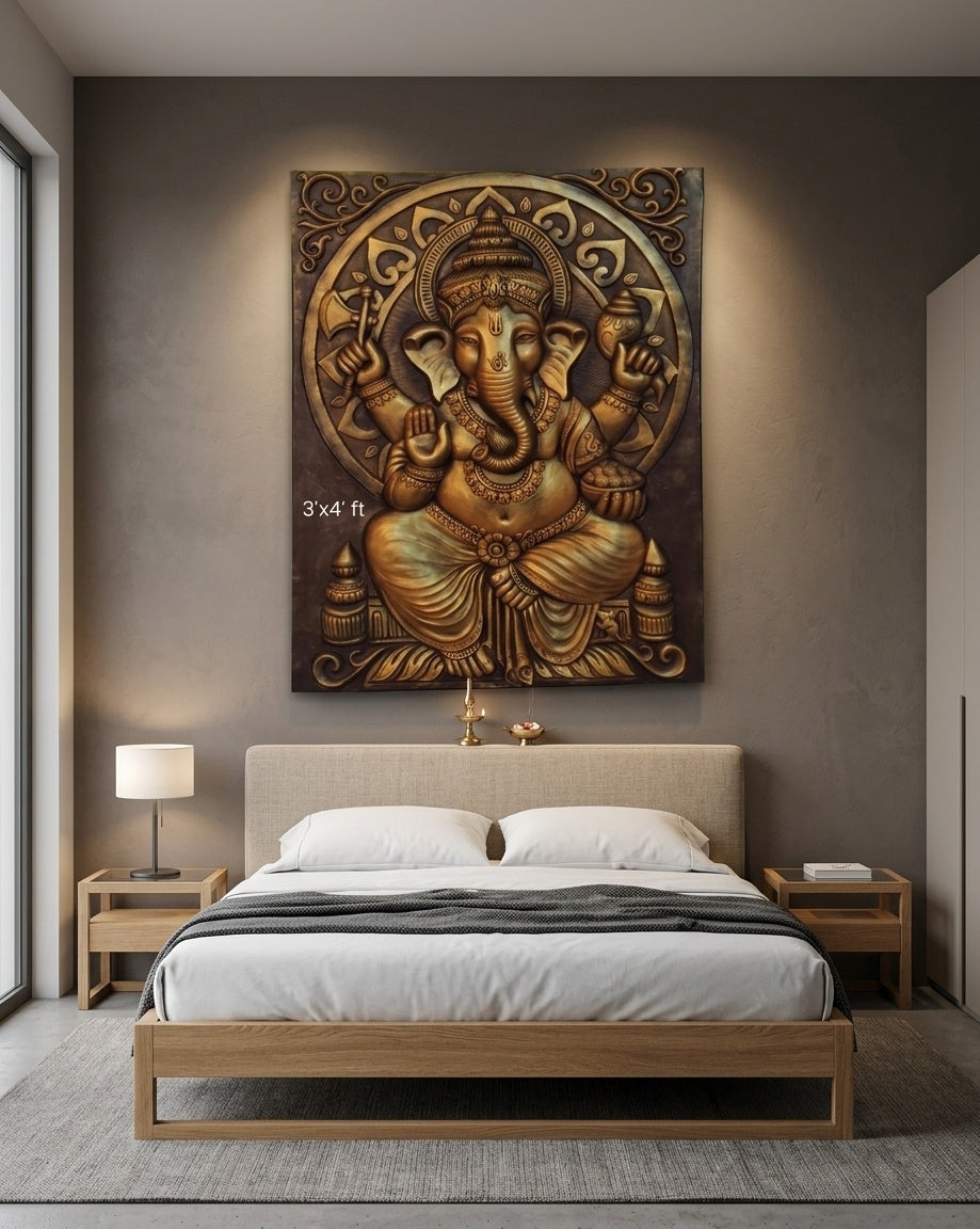 Divine Lord Ganesha 3D Relief Sculpture Wall Art Panel (Antique Bronze Finish) - Room Mockup 3