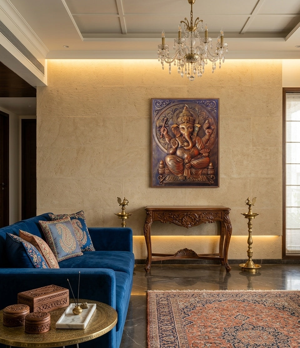Lord Ganesha Blessing 3D Relief Wall Art Panel - Room Mockup 1