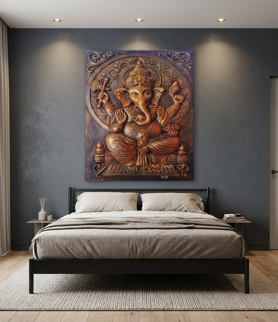 Lord Ganesha Blessing 3D Relief Wall Art Panel - Room Mockup 3
