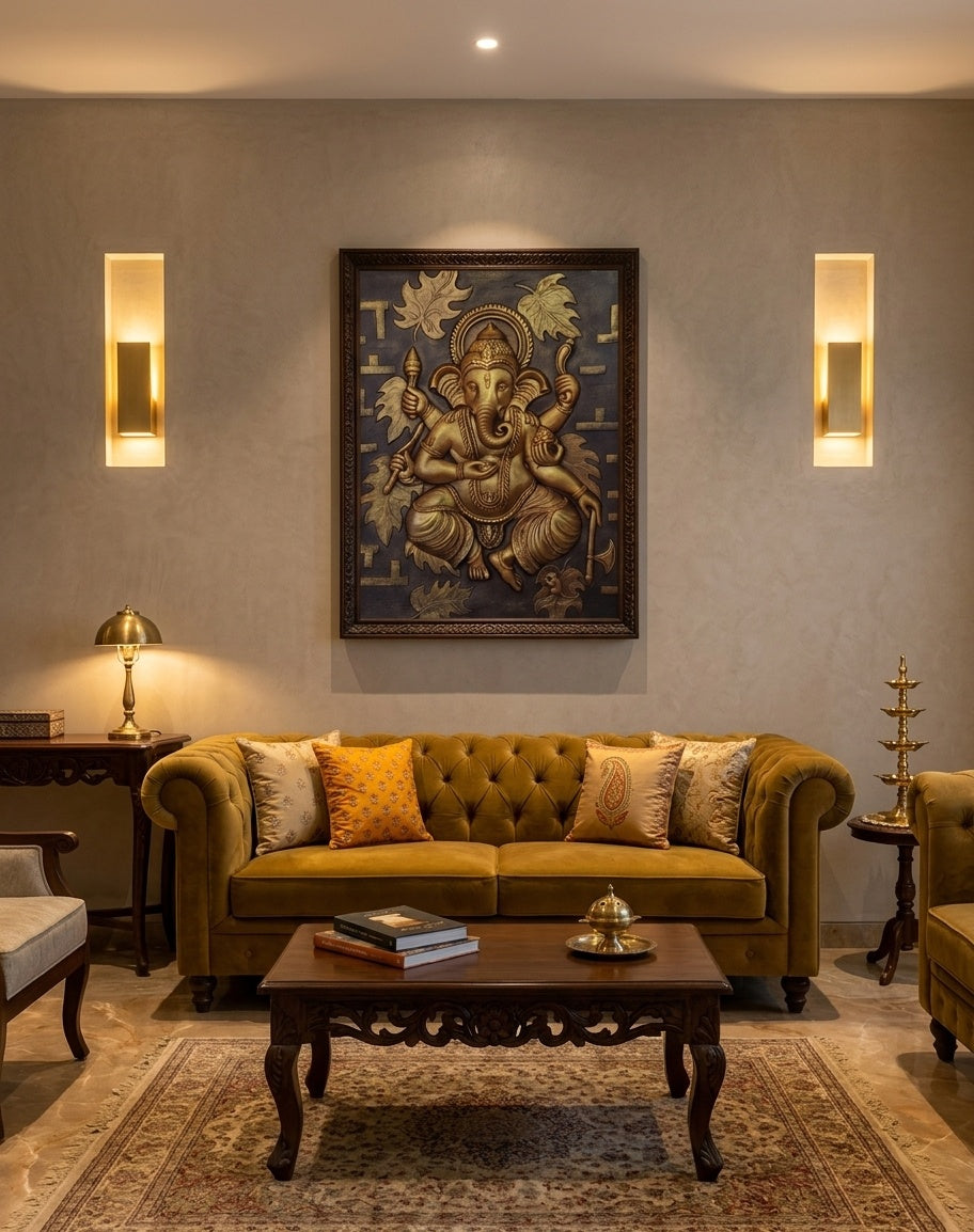 Ganesha Blessing 3D Relief Sculpture Panel - Room Mockup 1