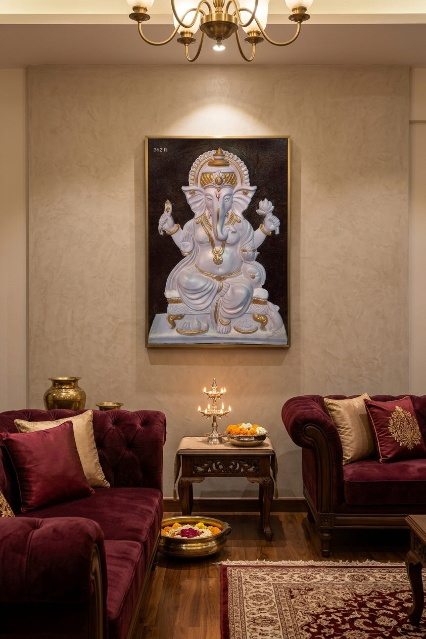 Divine Lord Ganesha White and Gold 3D Relief Wall Art Panel - Room Mockup 1
