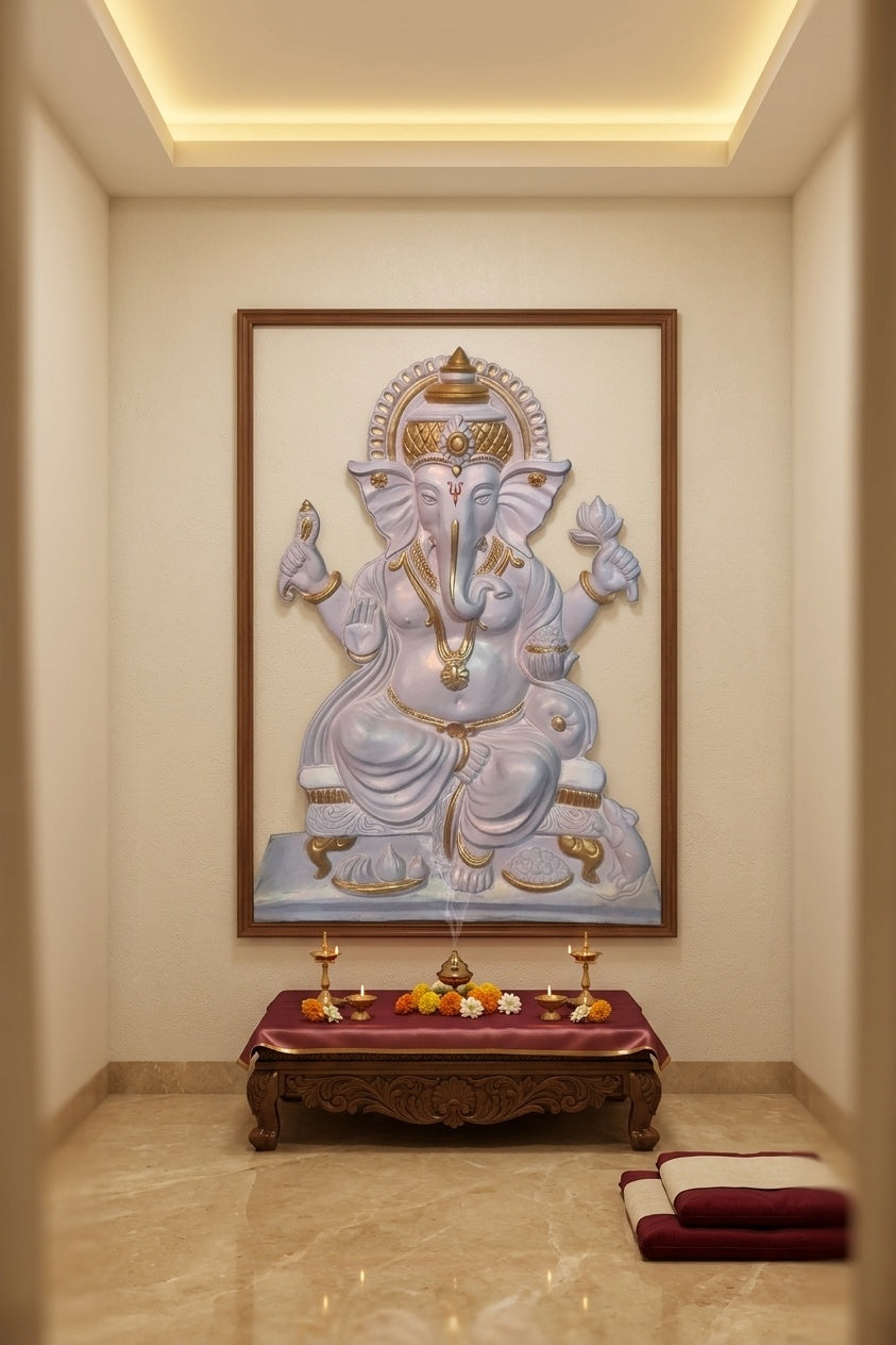 Divine Lord Ganesha White and Gold 3D Relief Wall Art Panel - Room Mockup 2