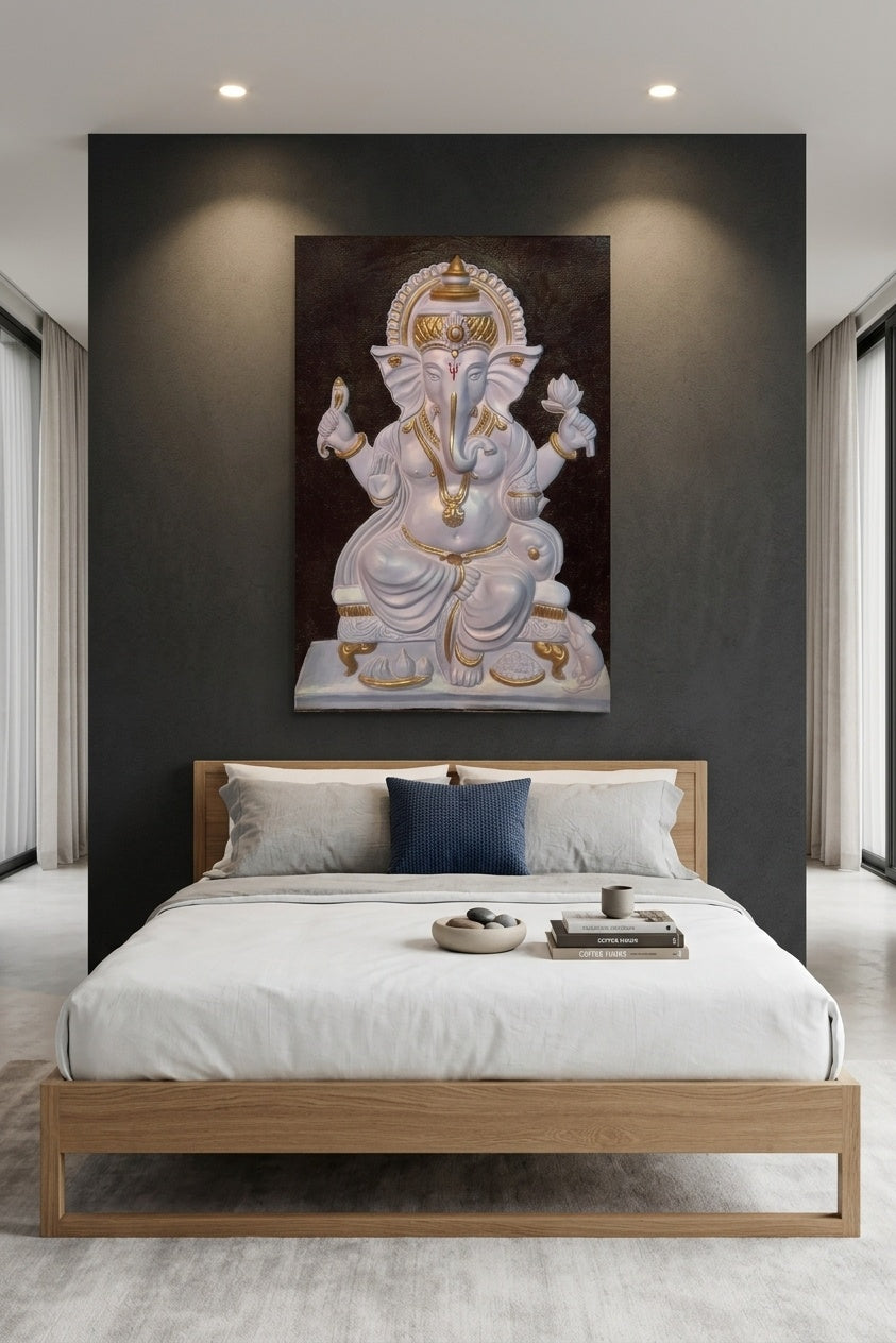 Divine Lord Ganesha White and Gold 3D Relief Wall Art Panel - Room Mockup 3