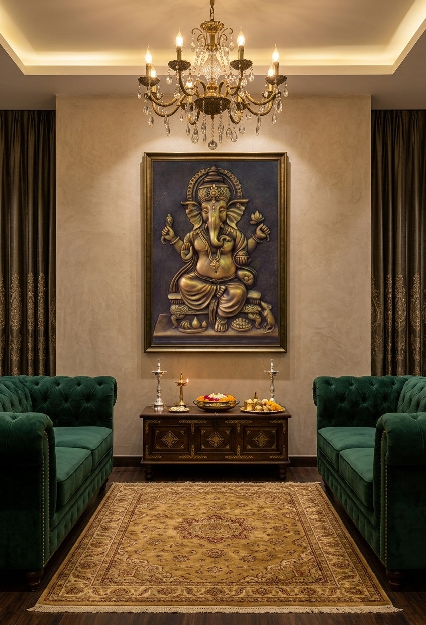 Lord Ganesha Blessing 3D Relief Mural Panel - Room Mockup 1