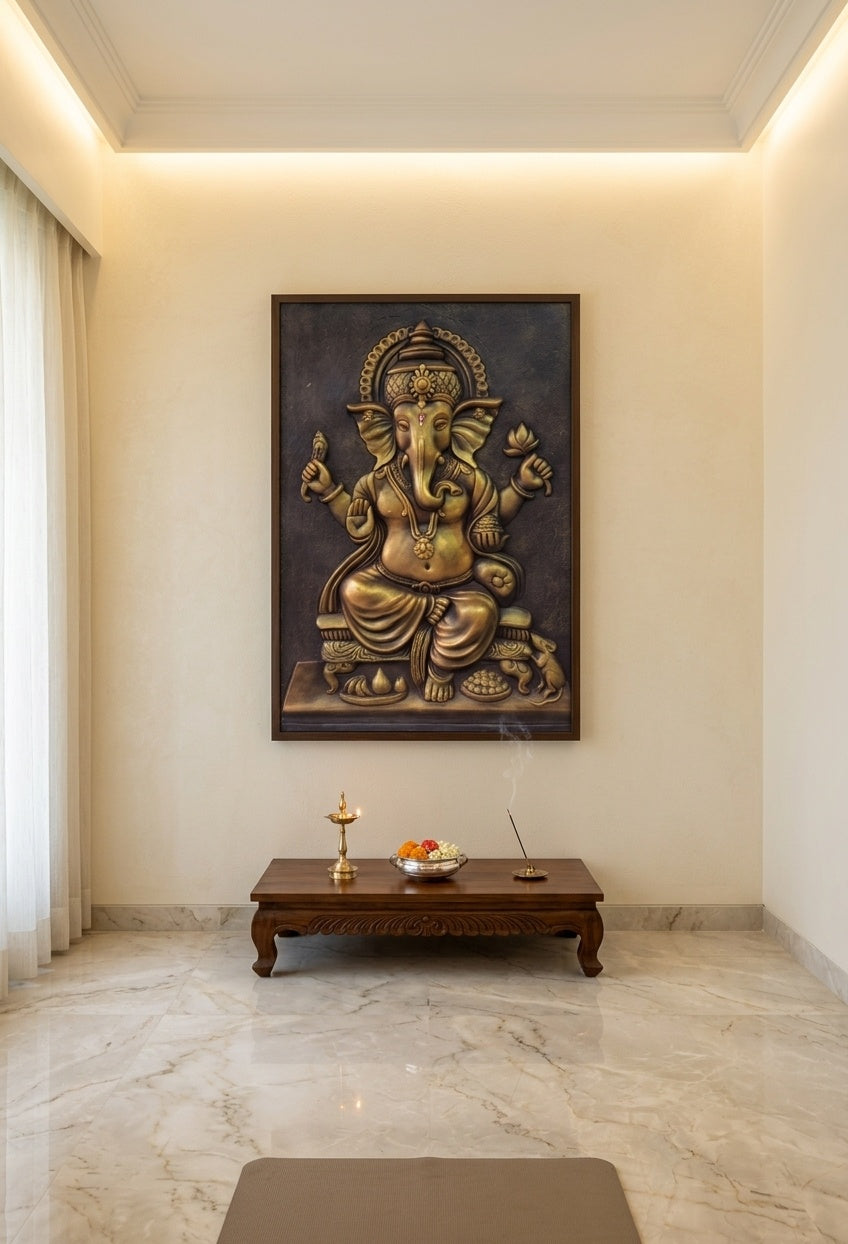 Lord Ganesha Blessing 3D Relief Mural Panel - Room Mockup 2