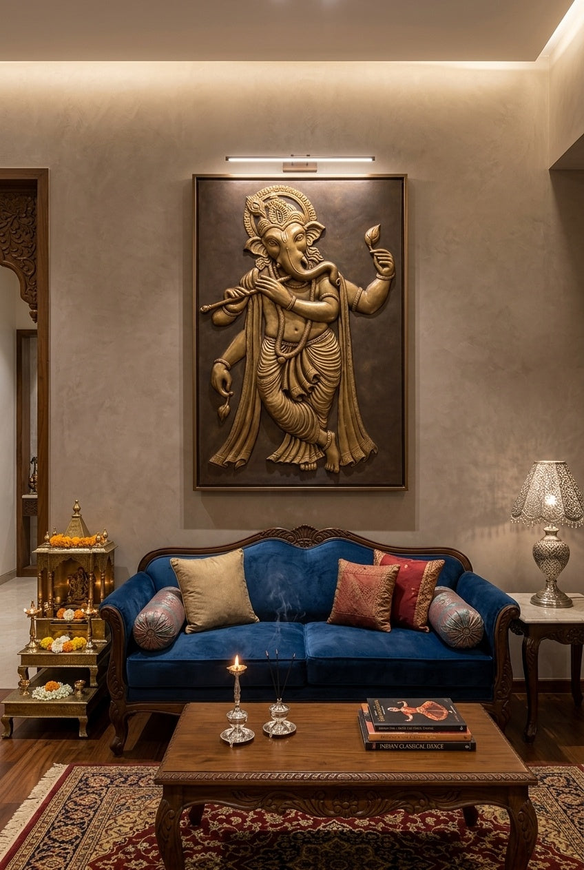 Flute Playing Krishna Ganesha 3D Relief Sculpture Mural - Room Mockup 1