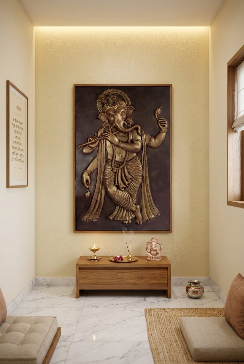 Flute Playing Krishna Ganesha 3D Relief Sculpture Mural - Room Mockup 2