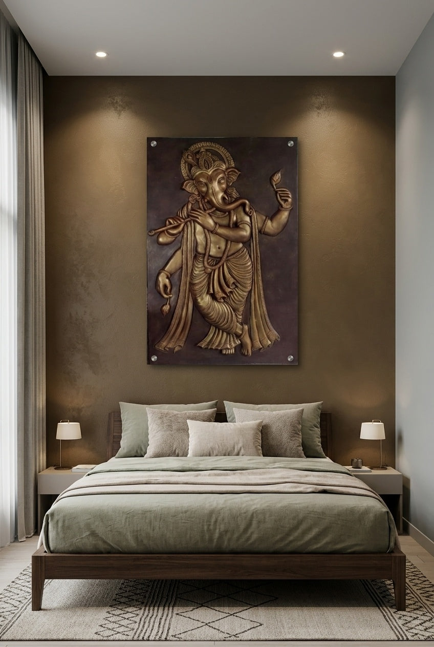 Flute Playing Krishna Ganesha 3D Relief Sculpture Mural - Room Mockup 3