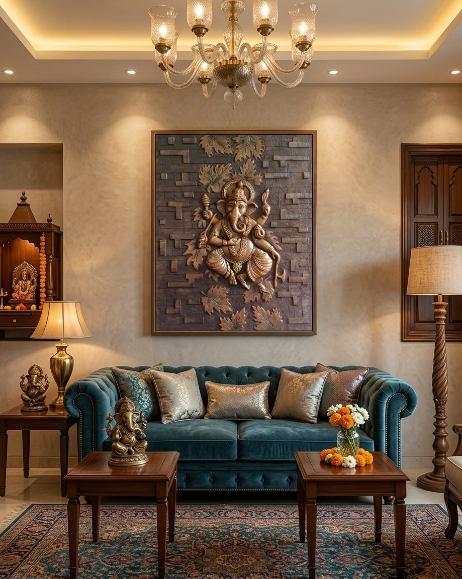 Lord Ganesha amidst Leaves 3D Relief Sculpture Panel - Room Mockup 1