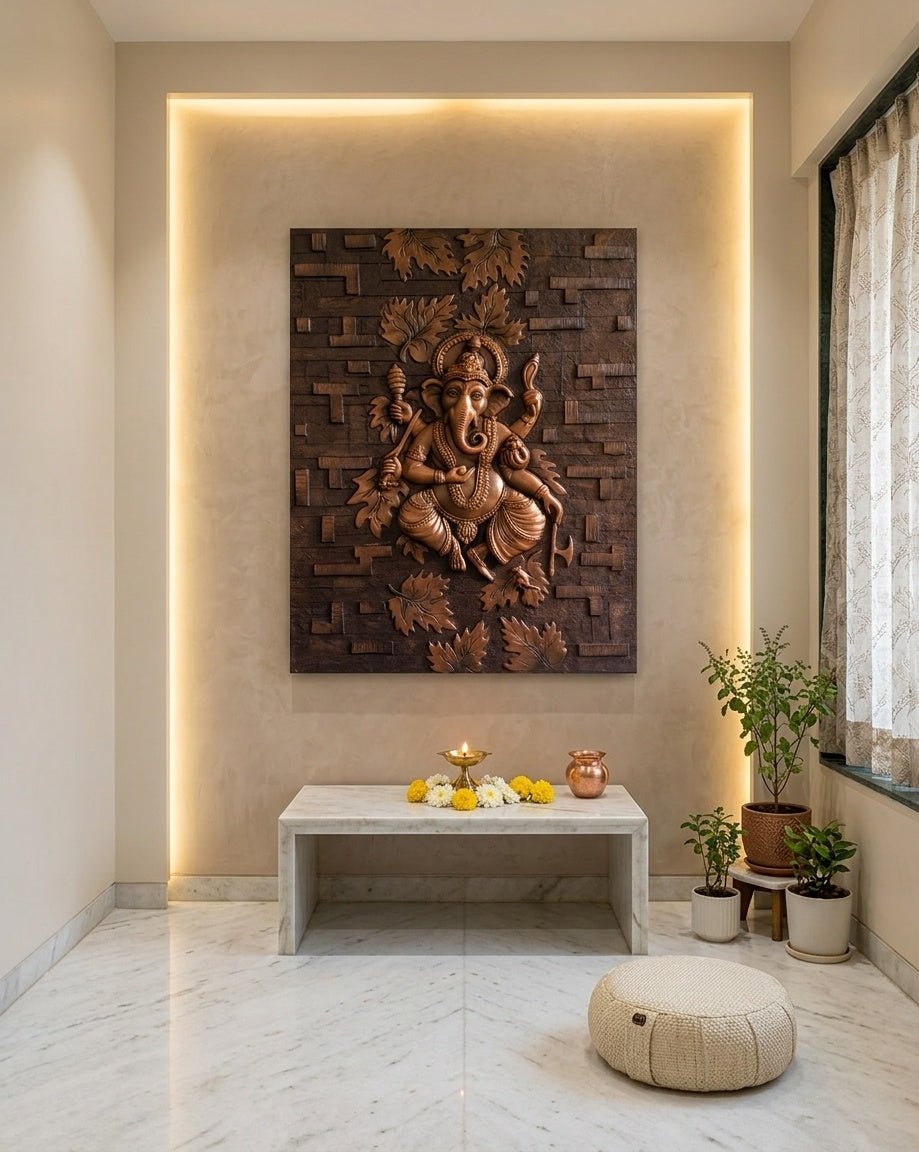 Lord Ganesha amidst Leaves 3D Relief Sculpture Panel - Room Mockup 2