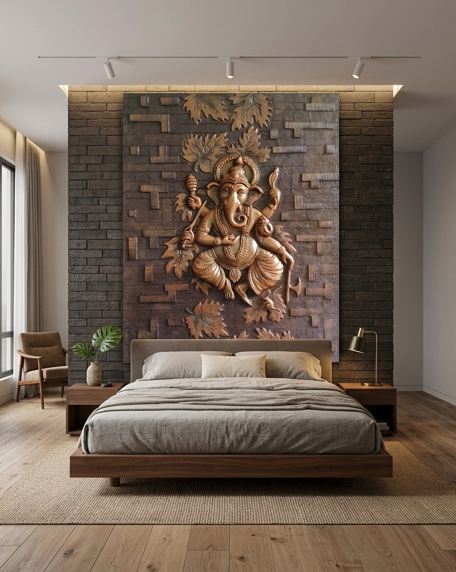 Lord Ganesha amidst Leaves 3D Relief Sculpture Panel - Room Mockup 3