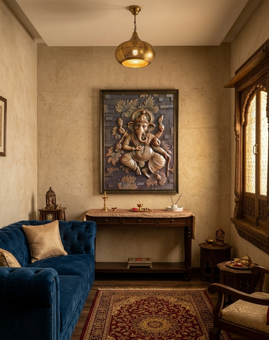 Ganesha Blessing 3D Relief Sculpture Panel - Room Mockup 1