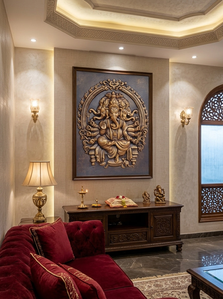 Panchmukhi Ganesha 3D Relief Sculpture Wall Panel - Room Mockup 1