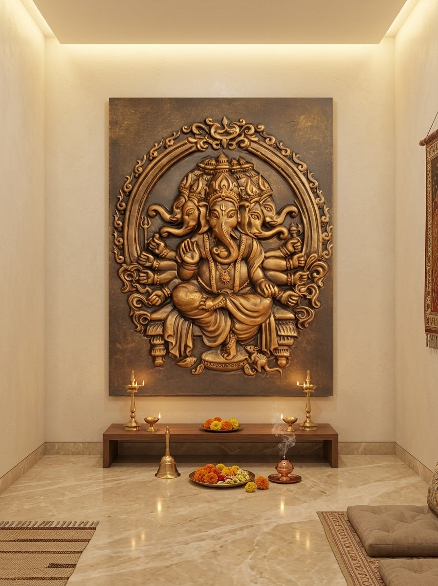 Panchmukhi Ganesha 3D Relief Sculpture Wall Panel - Room Mockup 2