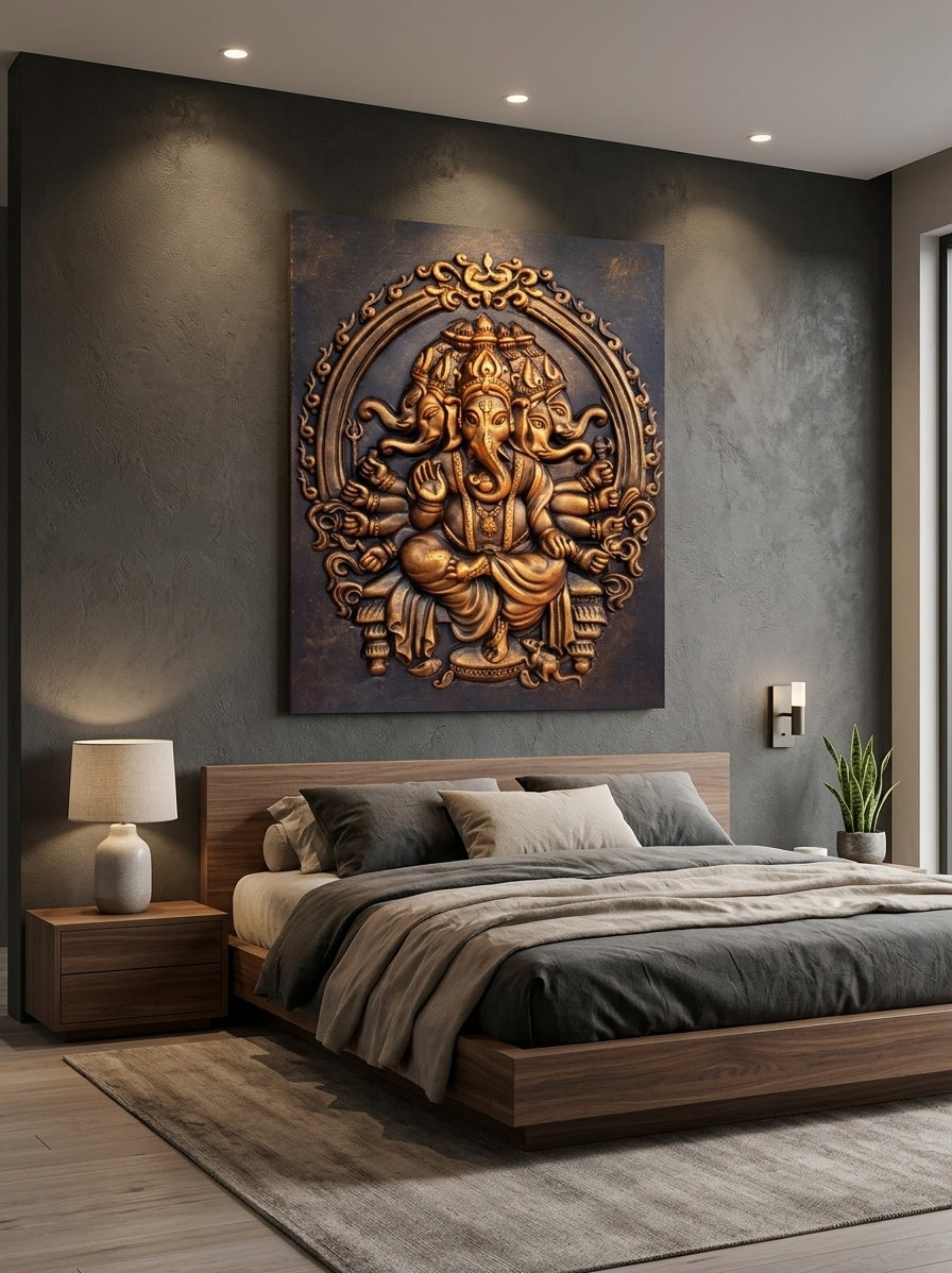 Panchmukhi Ganesha 3D Relief Sculpture Wall Panel - Room Mockup 3