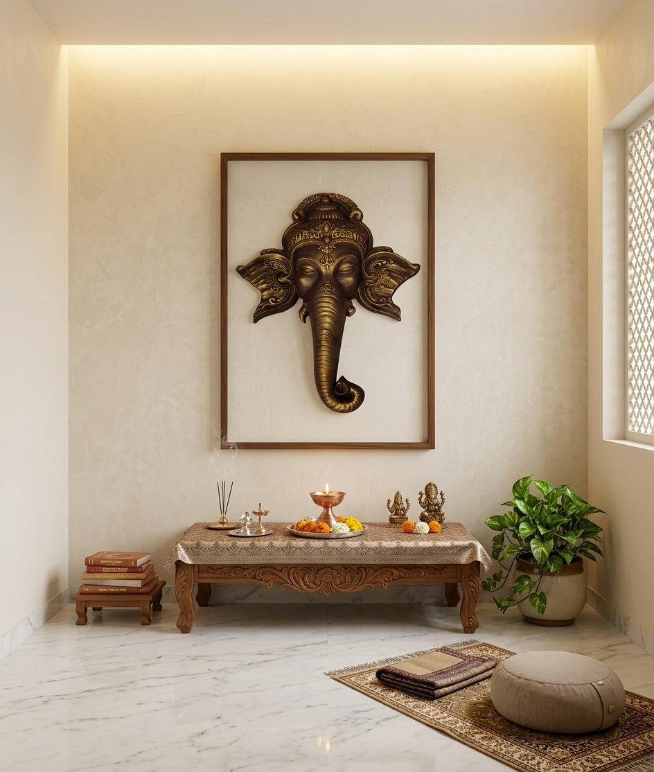 Antique Gold Ganesha Wall Hanging 3D Mask Sculpture - Room Mockup 2