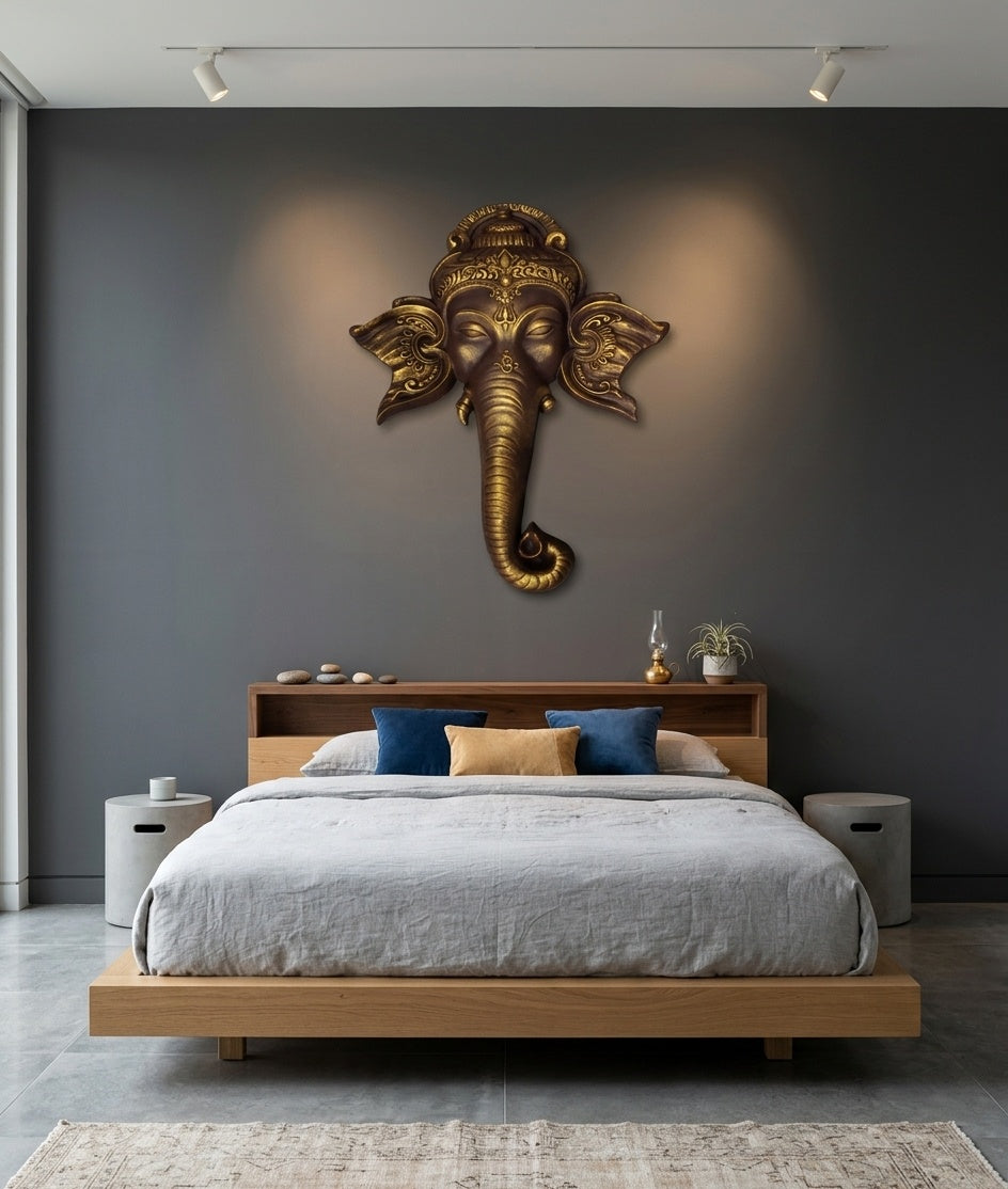 Antique Gold Ganesha Wall Hanging 3D Mask Sculpture - Room Mockup 3