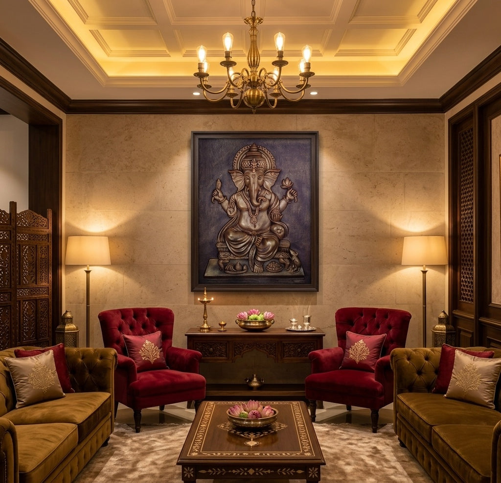 Lord Ganesha Blessing 3D Relief Mural Art - Room Mockup 1